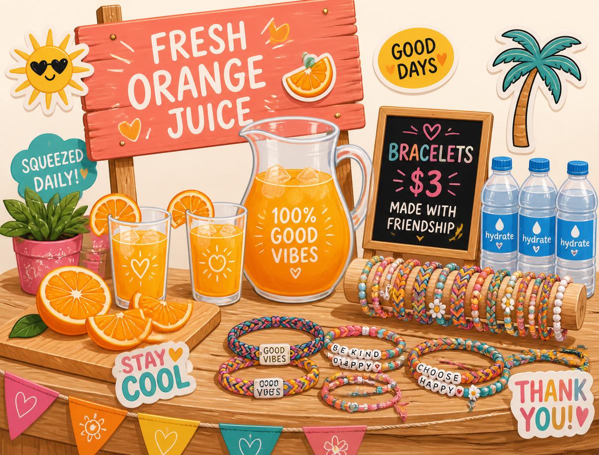 Ismini's stand with a pitcher of orange juice, water bottles and handmade bracelets